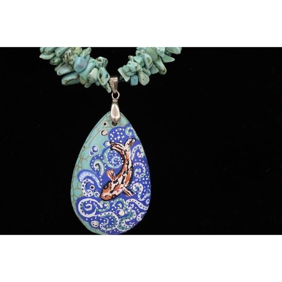 Turquoise Necklace with Hand Painted Koi Fish-Art to Wear-Beachy Coastal-Artsy - Picture 3 of 9